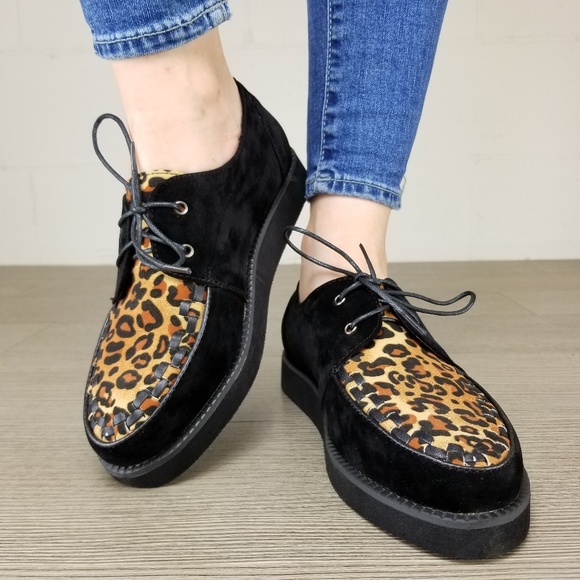 Shoes - Black & Leopard Creeper Sneaker with Black Sole